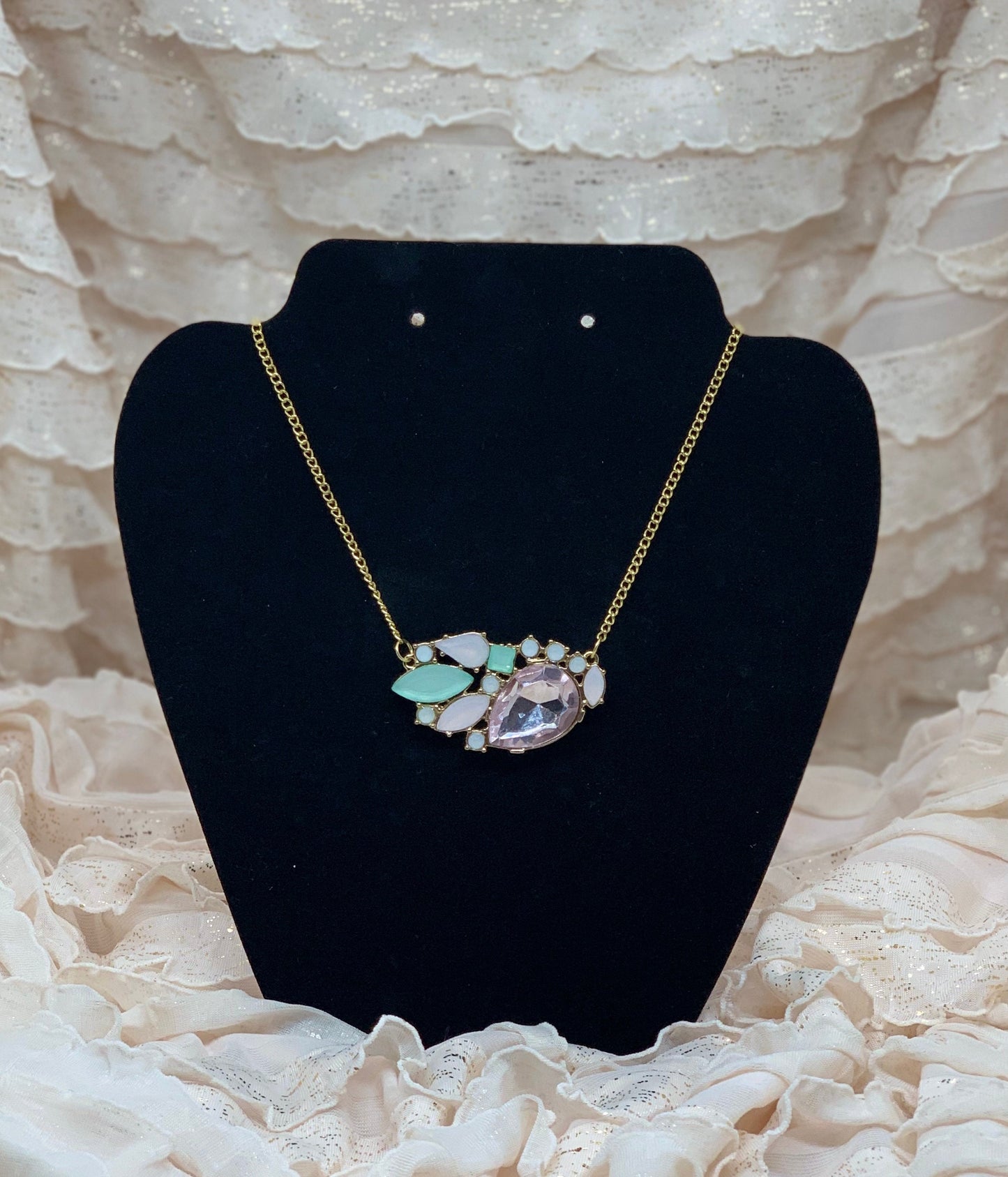 Pink and Mint, Rhinestone Necklace pendant "Minty"